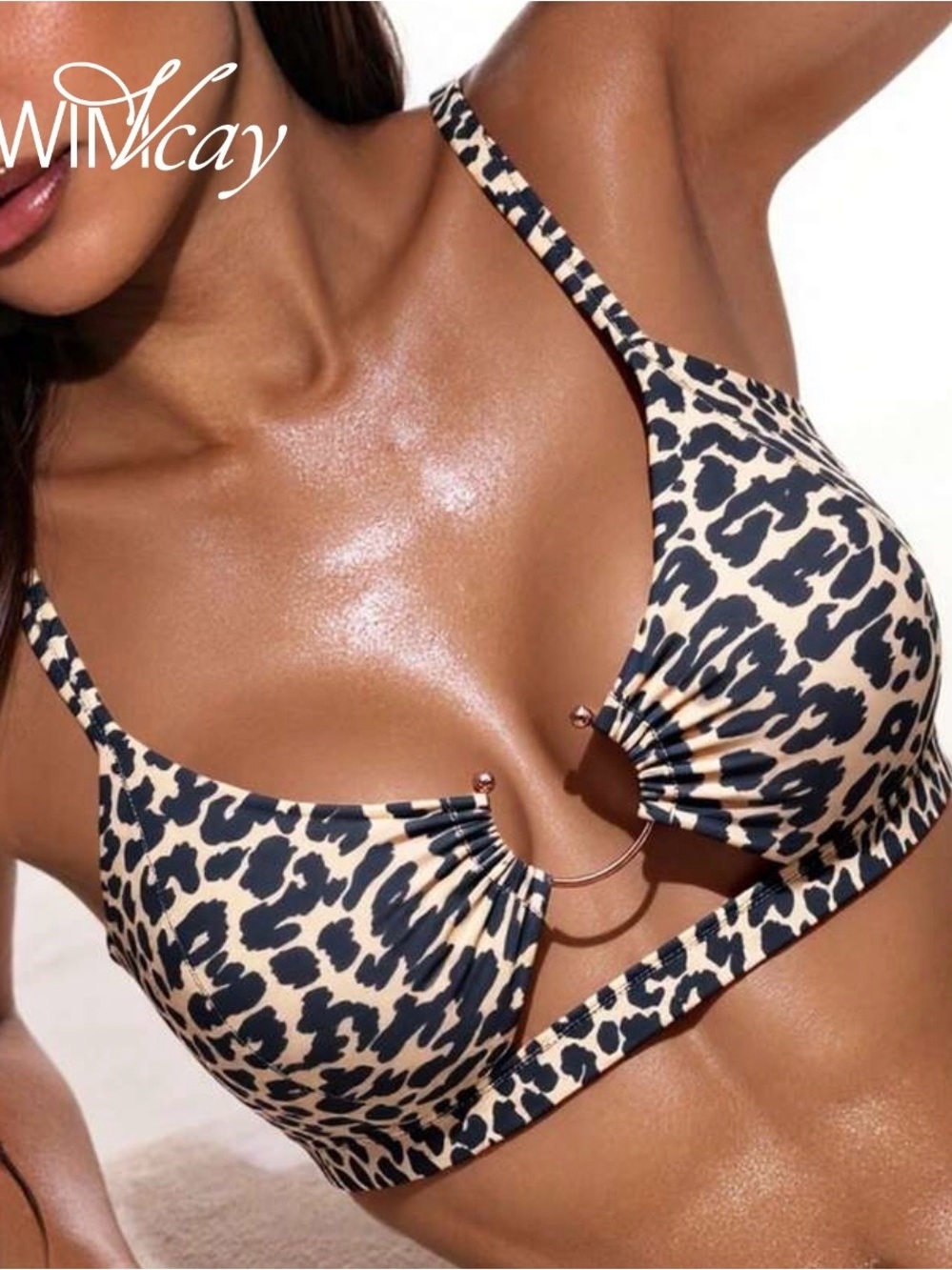 SHEIN Beige and Black Leopard Ring-Front Bikini Top